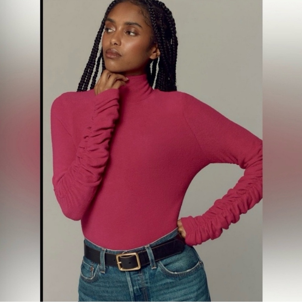 Anthropologie Fuchsia Ruched-Sleeve Turtleneck Top
